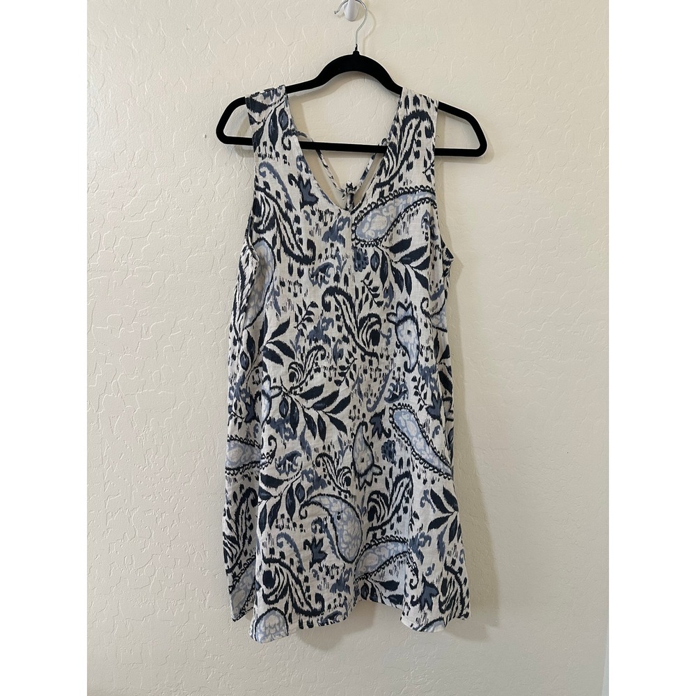 Lucky Brand Womens Blue White Ikat Paisley 100% Linen Sleeveless Shift Dress M